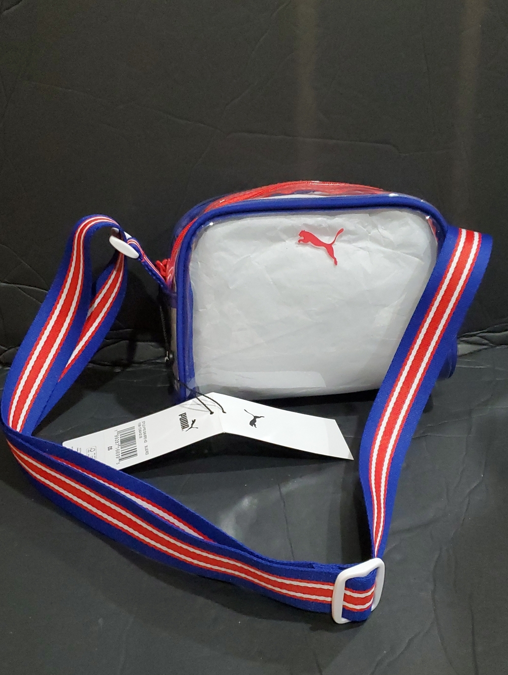 Puma Clear vinyl nautical stripe woven strap Crossbody camera style Bag new